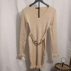 SHEIN Cream Long Sleeve Dress with Gold Chain